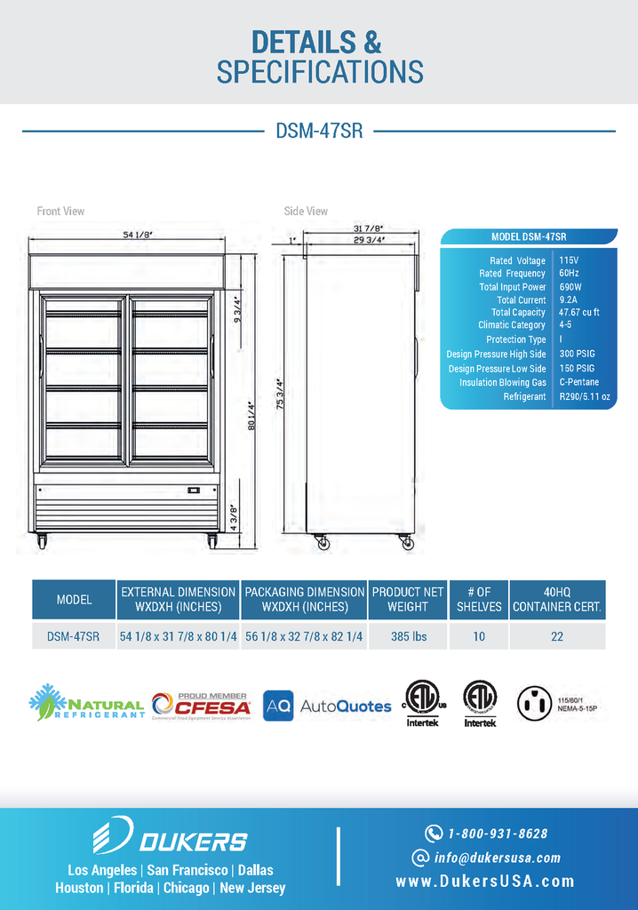 Dukers DSM-47SR Commercial Glass Sliding 2-Door Merchandiser Refrigerator in Black